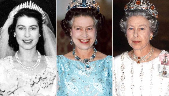 Queen Elizabeth wearing the three tiaras on display at Buckingham Palace's new exhibition. Credit...